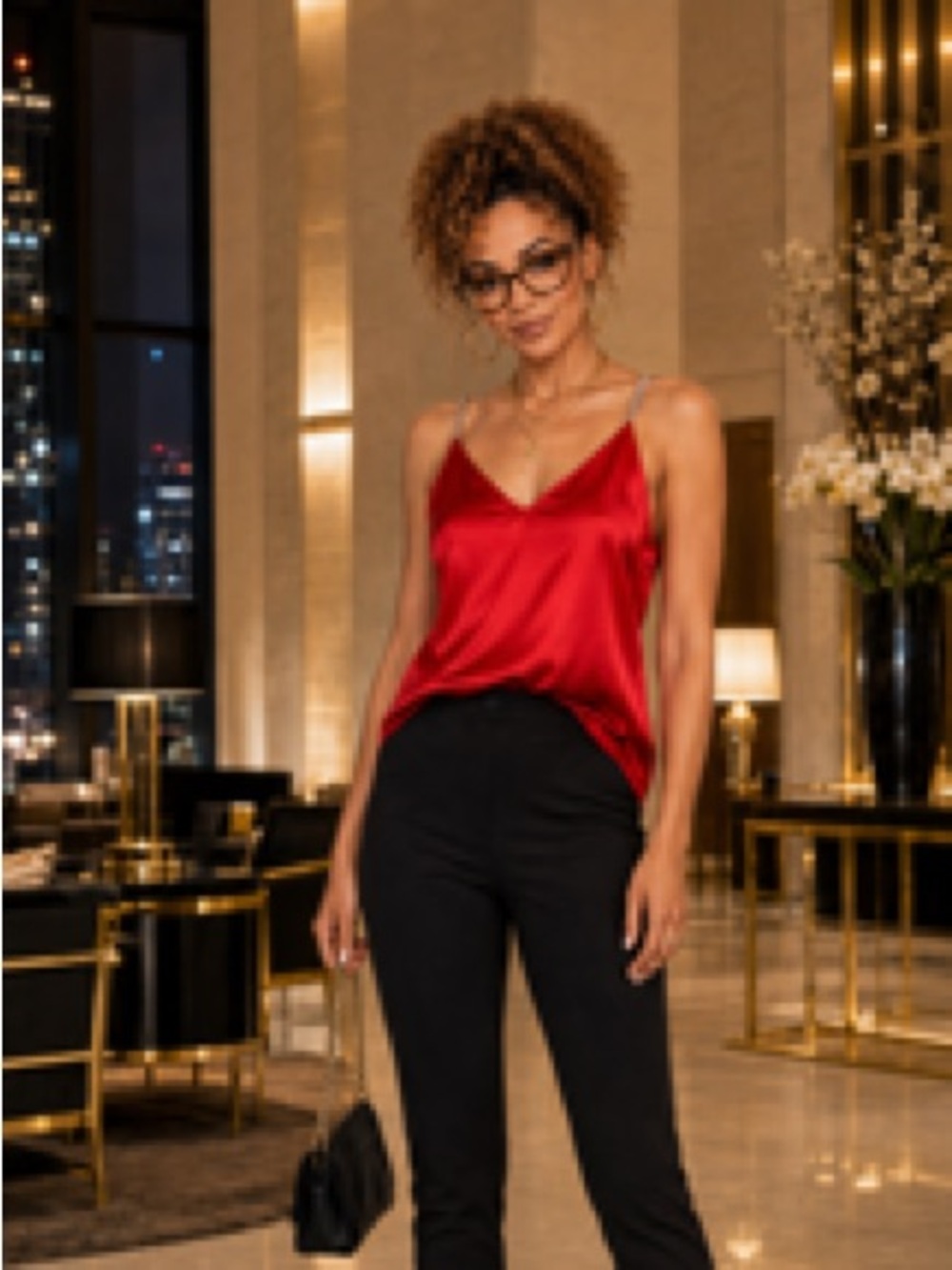 Express Satin V-Neck Cami Top - Red/Rhinestone straps